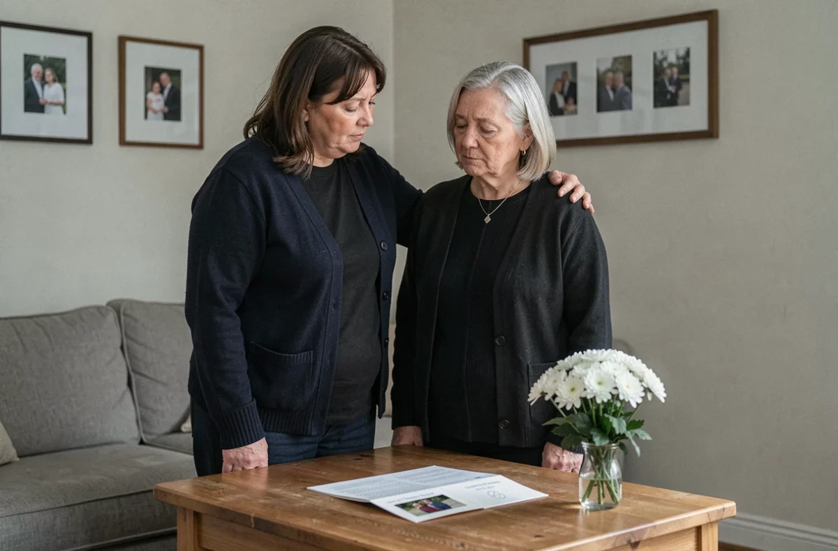 Deux femmes partageant un moment de soutien devant une carte de condoléances et des chrysanthèmes blancs
