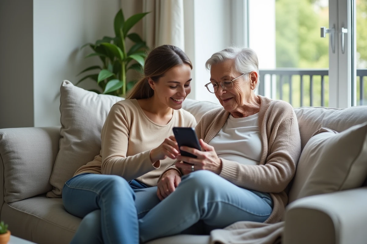 Une fille adulte aidant sa mère âgée à utiliser un smartphone pour appeler un service téléphonique d'assistance aux seniors