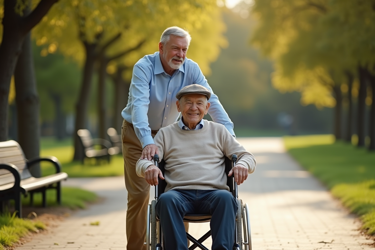 Fils poussant son père en fauteuil dans un parc ensoleille
