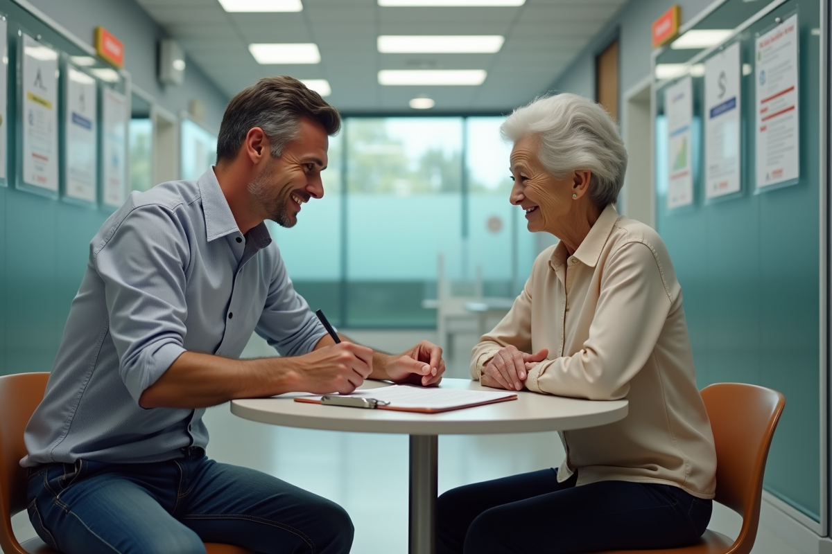 Homme remplissant un formulaire avec une femme âgée dans un bureau moderne