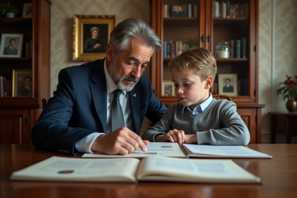 Un homme d'âge moyen et un adolescent examinent des documents