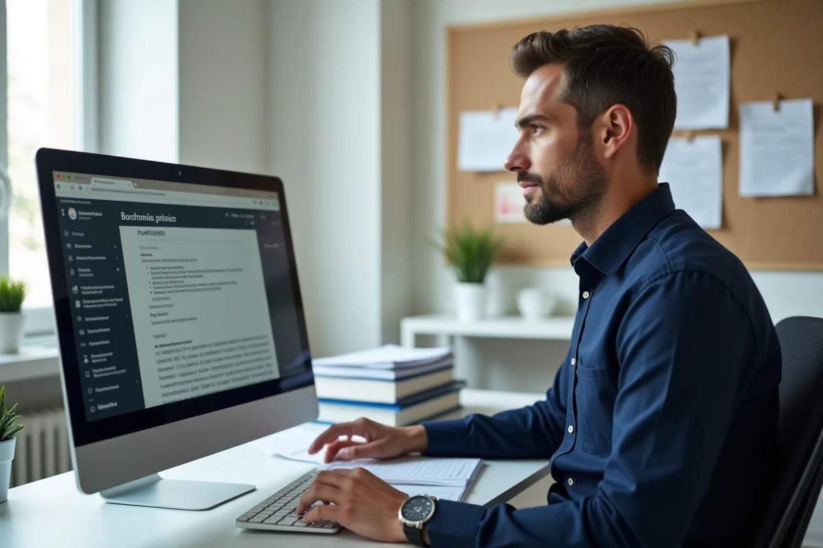 Un homme d'une quarantaine d'années consulte le portail proxima.fr sur un ordinateur de bureau dans un espace de travail à domicile, avec des documents officiels liés à une tutelle familiale posés sur le bureau.