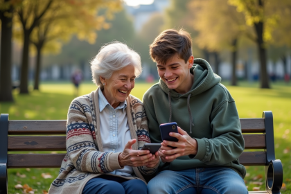 Une grand-mère et un adolescent rient dans un parc urbain