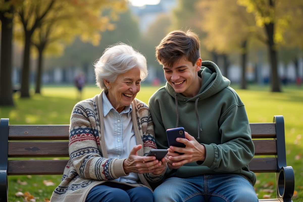Une grand-mère et un adolescent rient dans un parc urbain