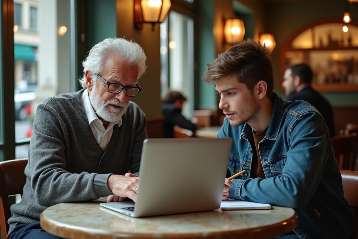 Grand-père retraité et petit-fils discutant d'options fiscales et financières autour d'un ordinateur portable dans un café parisien