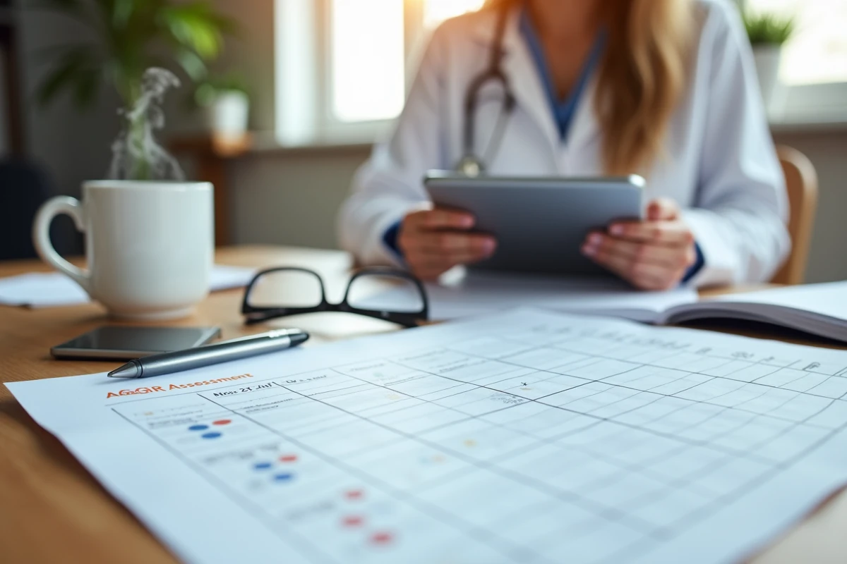 Grille d'évaluation AGGIR sur un bureau médical avec professionnel de santé en arrière-plan