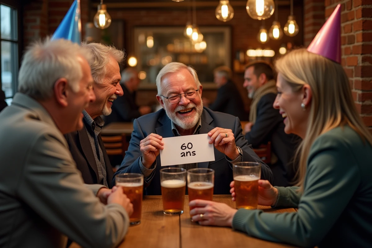 Groupe d'amis sexagénaires riant autour d'un message humoristique pour un anniversaire de 60 ans dans un bar convivial