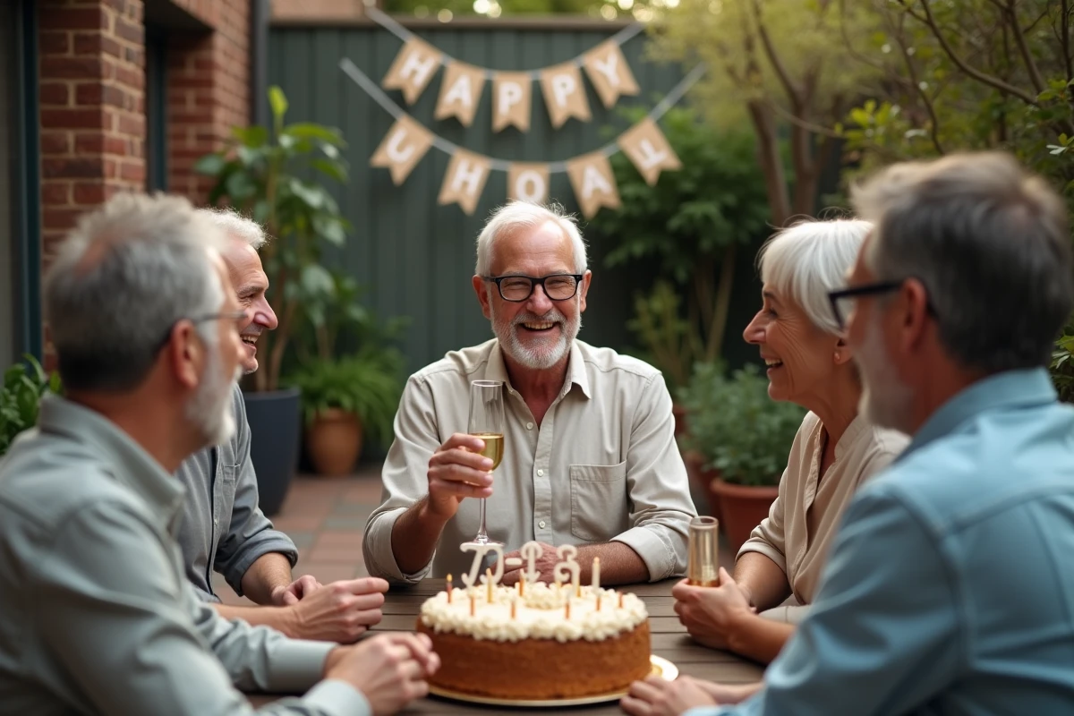 Groupe d'amis réunis pour fêter les 70 ans d'un homme avec champagne et gâteau dans un jardin convivial