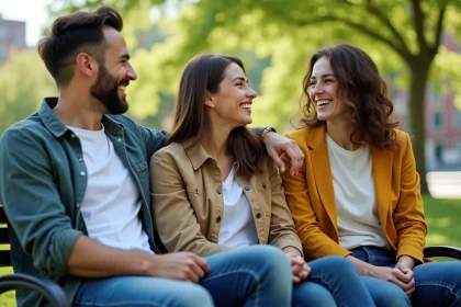 Groupe d'amis riant sur un banc dans un parc ensoleille