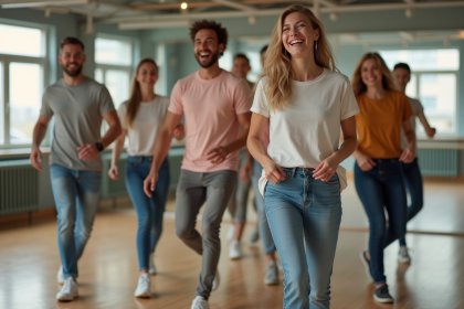 Groupe d'adultes souriants en danse contemporaine