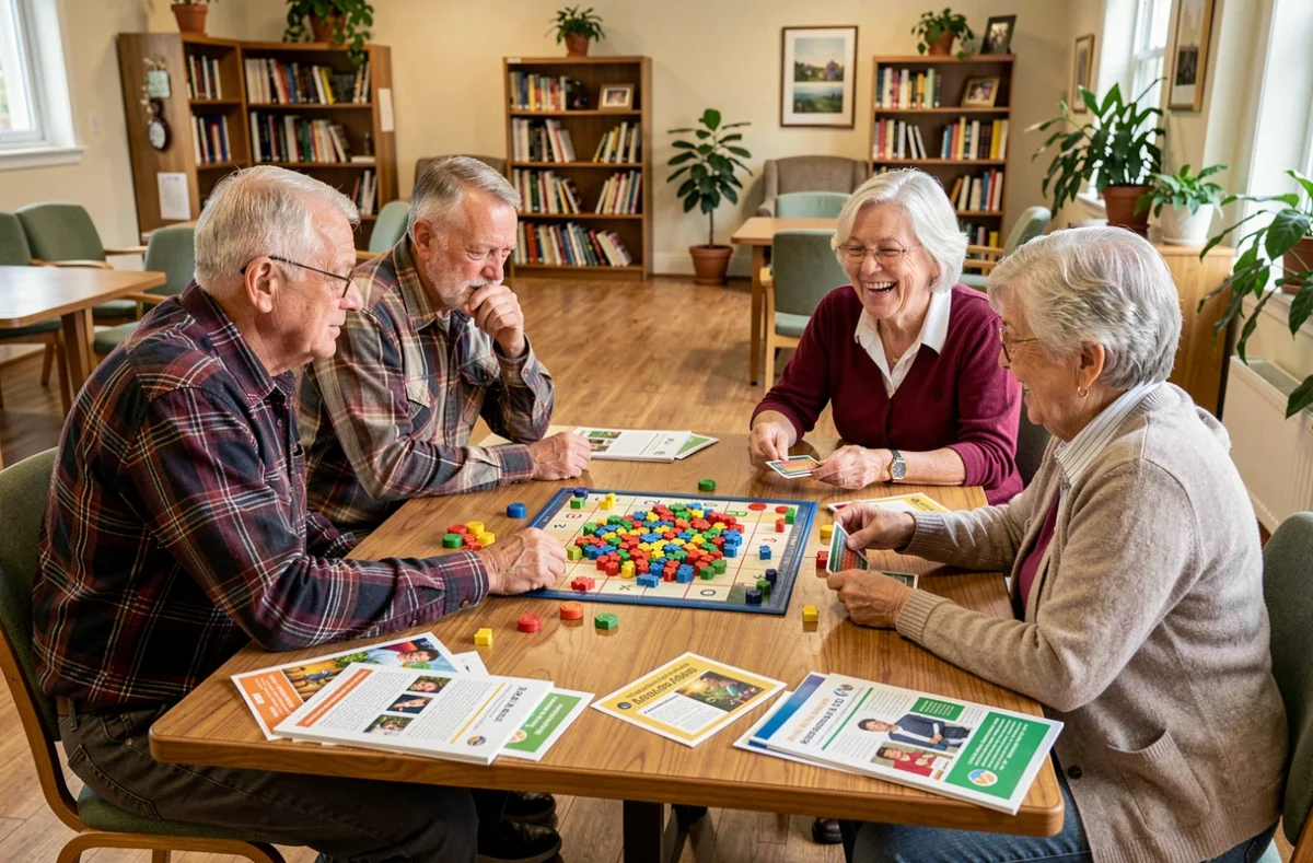 Groupe de quatre seniors jouant à un jeu de société dans une salle commune, favorisant le lien social et la stimulation cognitive chez les personnes âgées