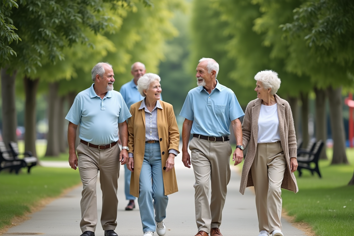 Groupe de seniors marchant dans un parc verdoyant