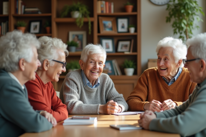 Groupe de seniors souriants autour d'une table chaleureuse