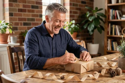 Homme de 50 ans souriant en train d'ouvrir un cadeau emballé avec soin dans un intérieur chaleureux en brique apparente