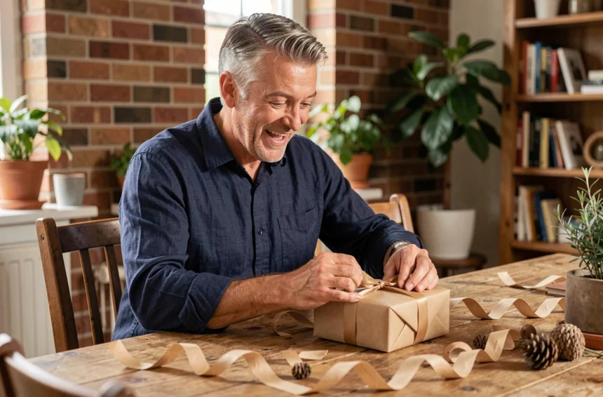 Homme de 50 ans souriant en train d'ouvrir un cadeau emballé avec soin dans un intérieur chaleureux en brique apparente