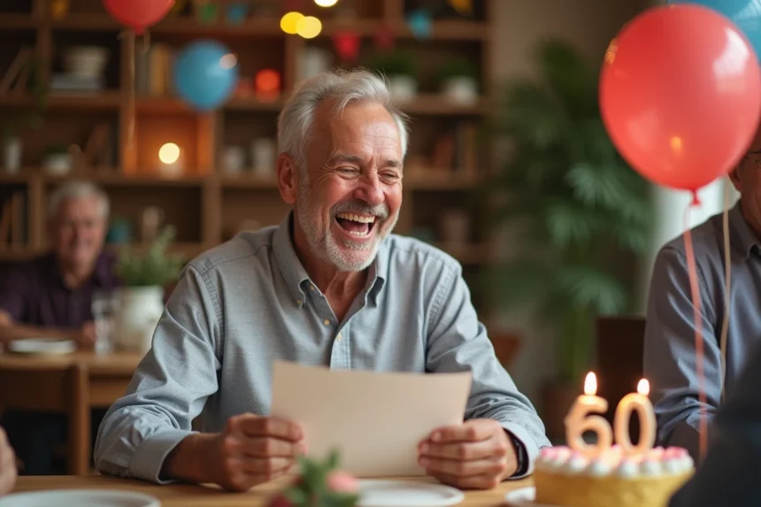 Homme de 60 ans qui rit en lisant une carte d'anniversaire humoristique entouré de ballons et d'un gâteau d'anniversaire