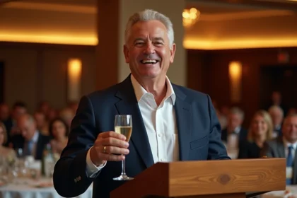 Homme de 70 ans souriant portant un toast lors de son anniversaire dans une salle de réception élégante