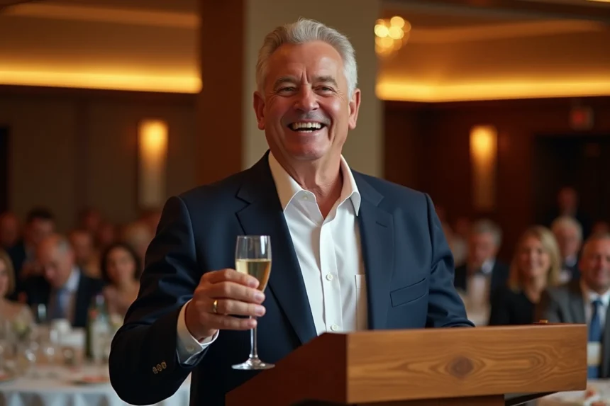 Homme de 70 ans souriant portant un toast lors de son anniversaire dans une salle de réception élégante