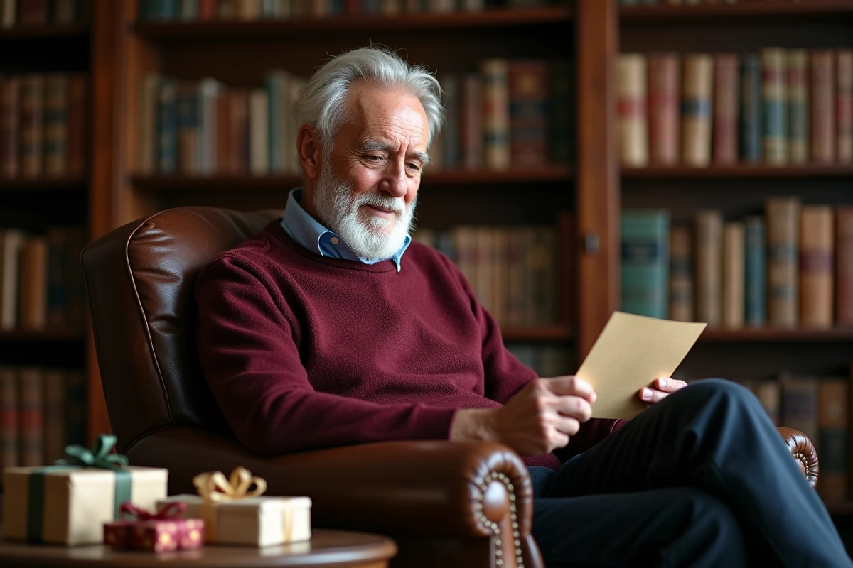 Homme de 70 ans ému lisant un texte d'anniversaire dans un fauteuil de bibliothèque