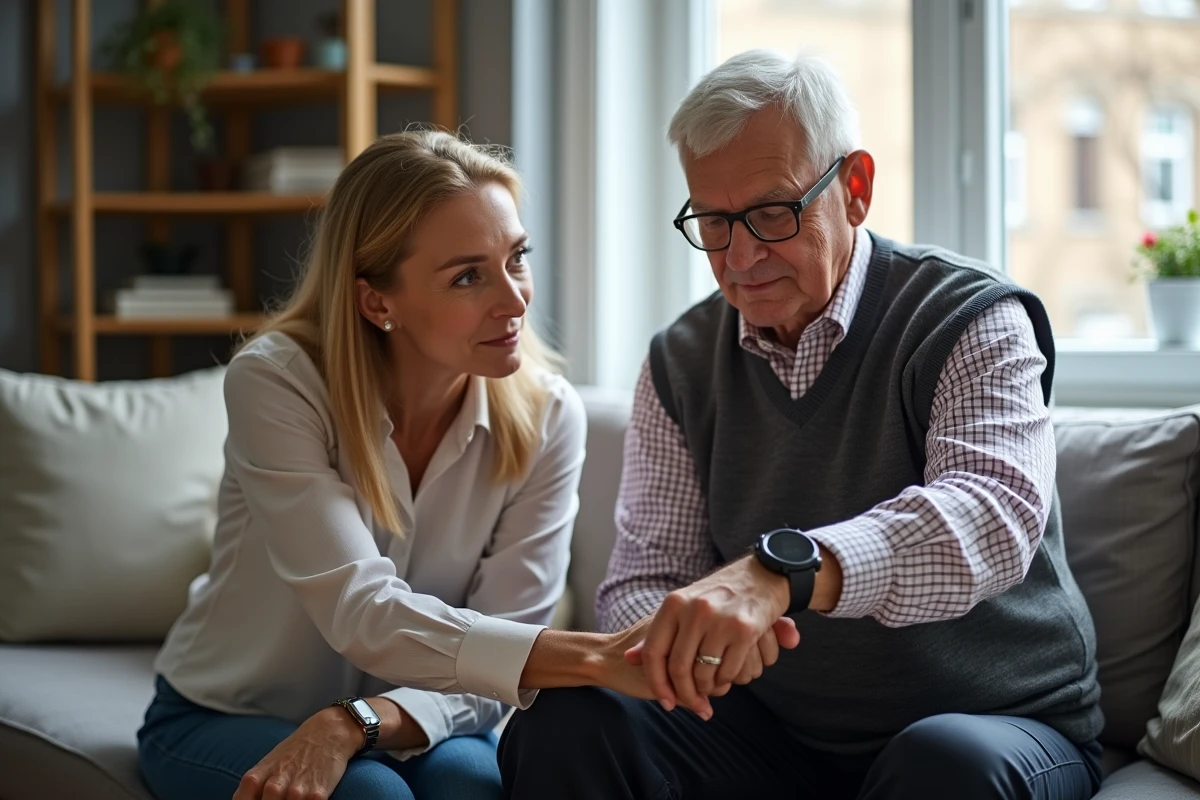 Homme agee montre comment activer lalarme de chute