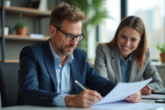 Homme d'affaires en réunion avec une jeune femme dans un bureau moderne