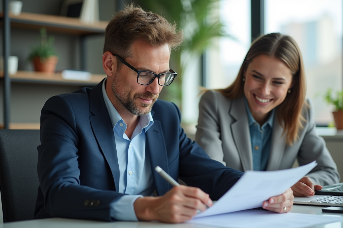 Homme d'affaires en réunion avec une jeune femme dans un bureau moderne