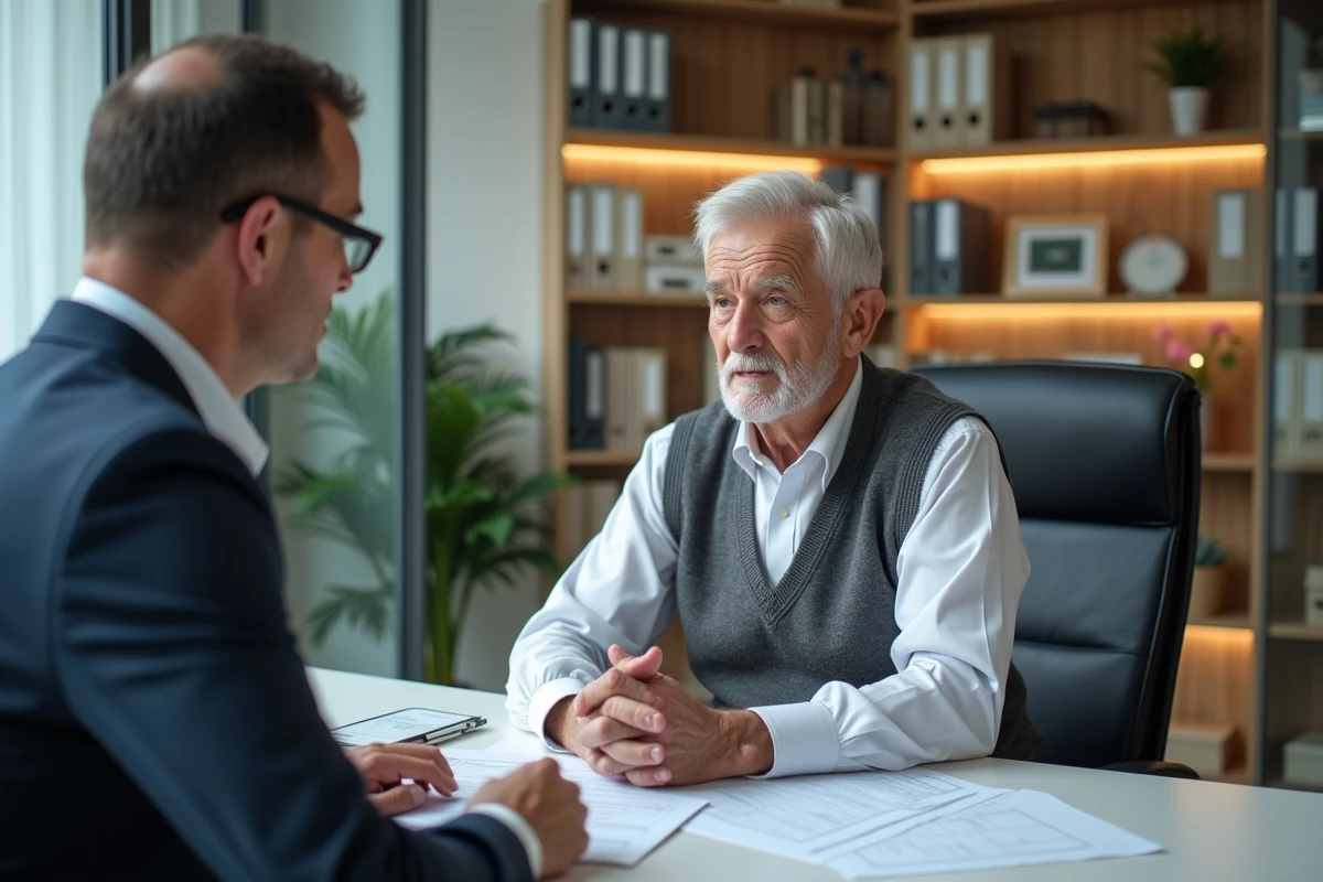 Homme senior en discussion avec un conseiller dans un bureau moderne