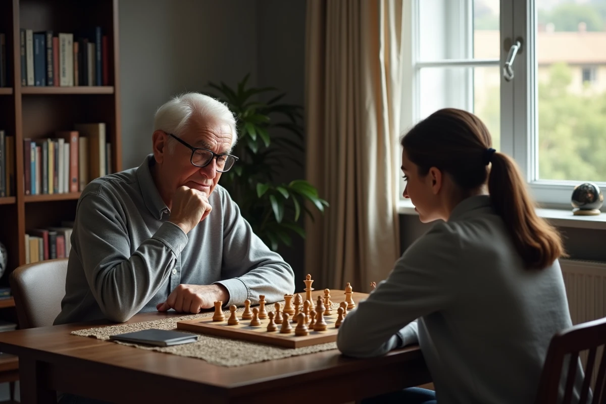Homme âgé jouant aux échecs avec sa fille adulte dans un salon chaleureux et intimiste