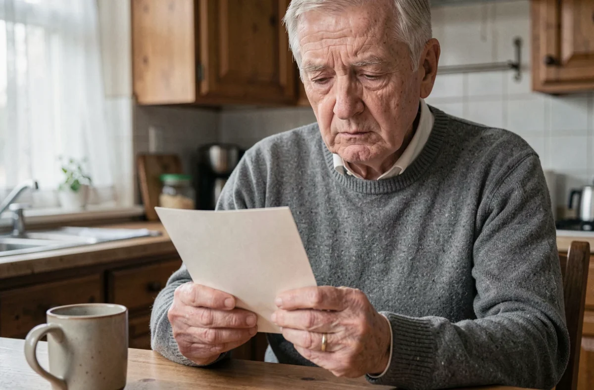 Homme âgé lisant une carte de condoléances à la table de cuisine avec une expression de deuil