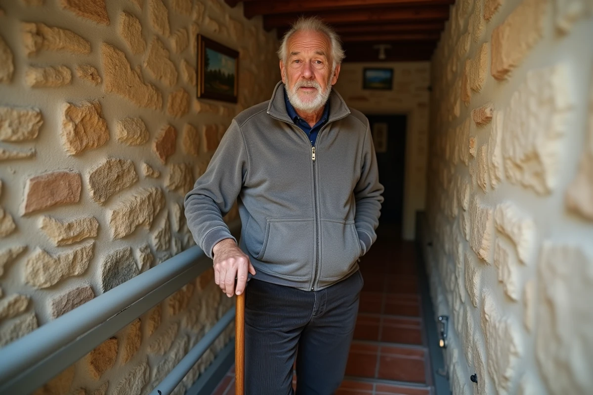 Homme âgé utilisant un monte-escalier dans une maison de campagne en pierre, illustration d'un équipement PMR adapté au logement