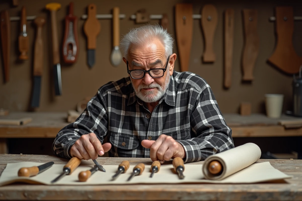 Homme âgé examinant des outils de sculpture sur bois dans un atelier artisanal