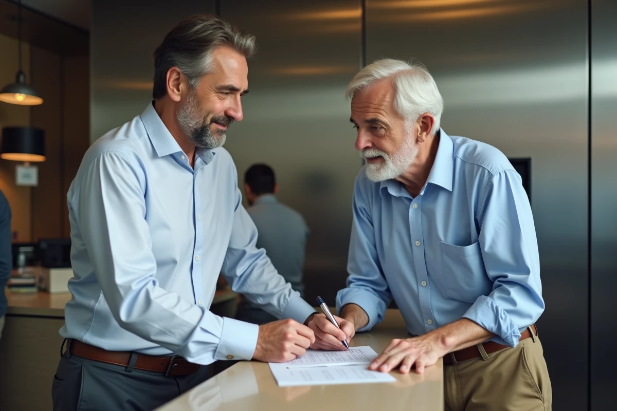 Homme aidant son père à payer des factures à la banque