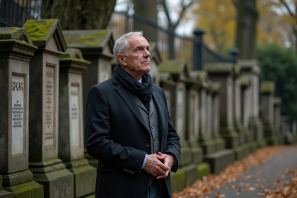 Homme contemplatif devant des tombes en pierre dans un cimetière français