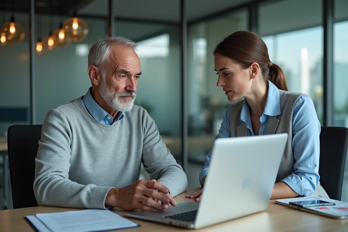 Homme de 60 ans consulte un conseiller financier au bureau