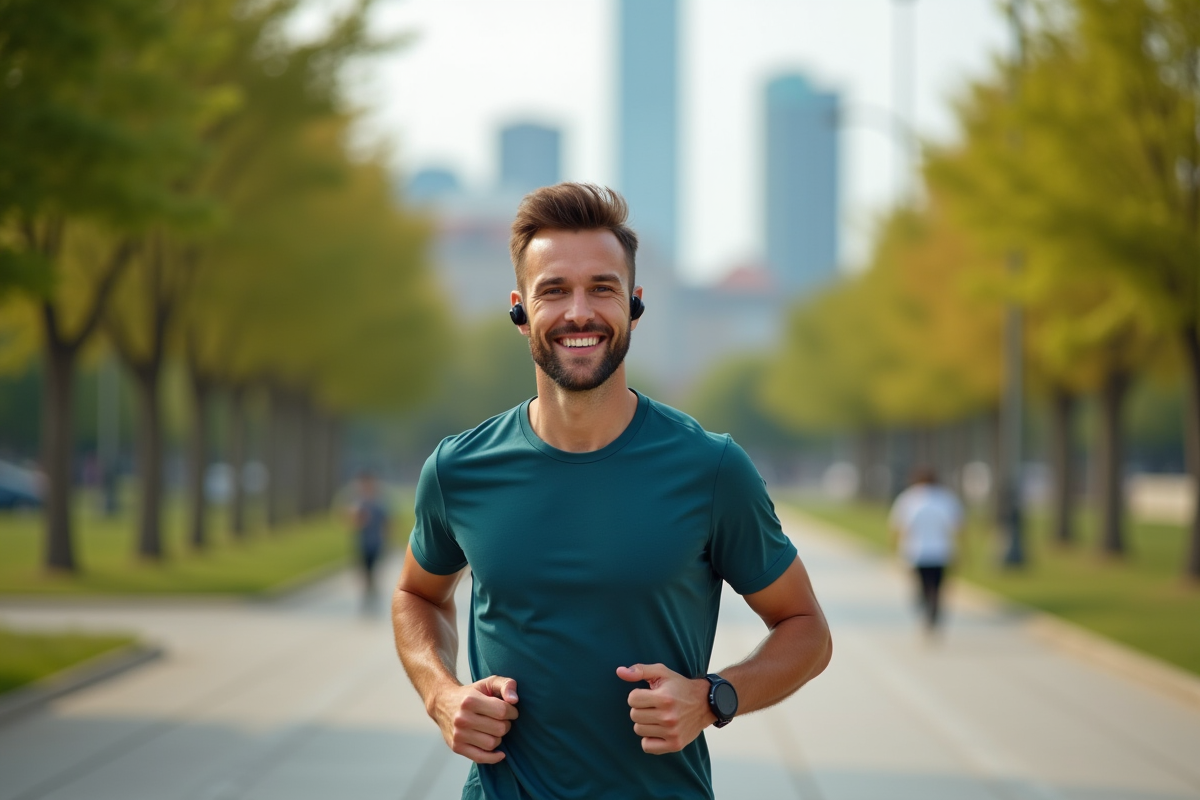 Jeune homme courant dans un parc urbain en pleine nature