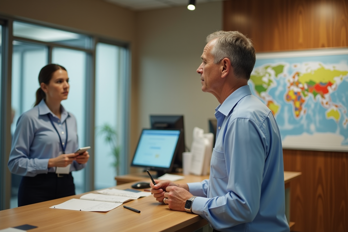 Homme discutant avec un agent dans un bureau municipal