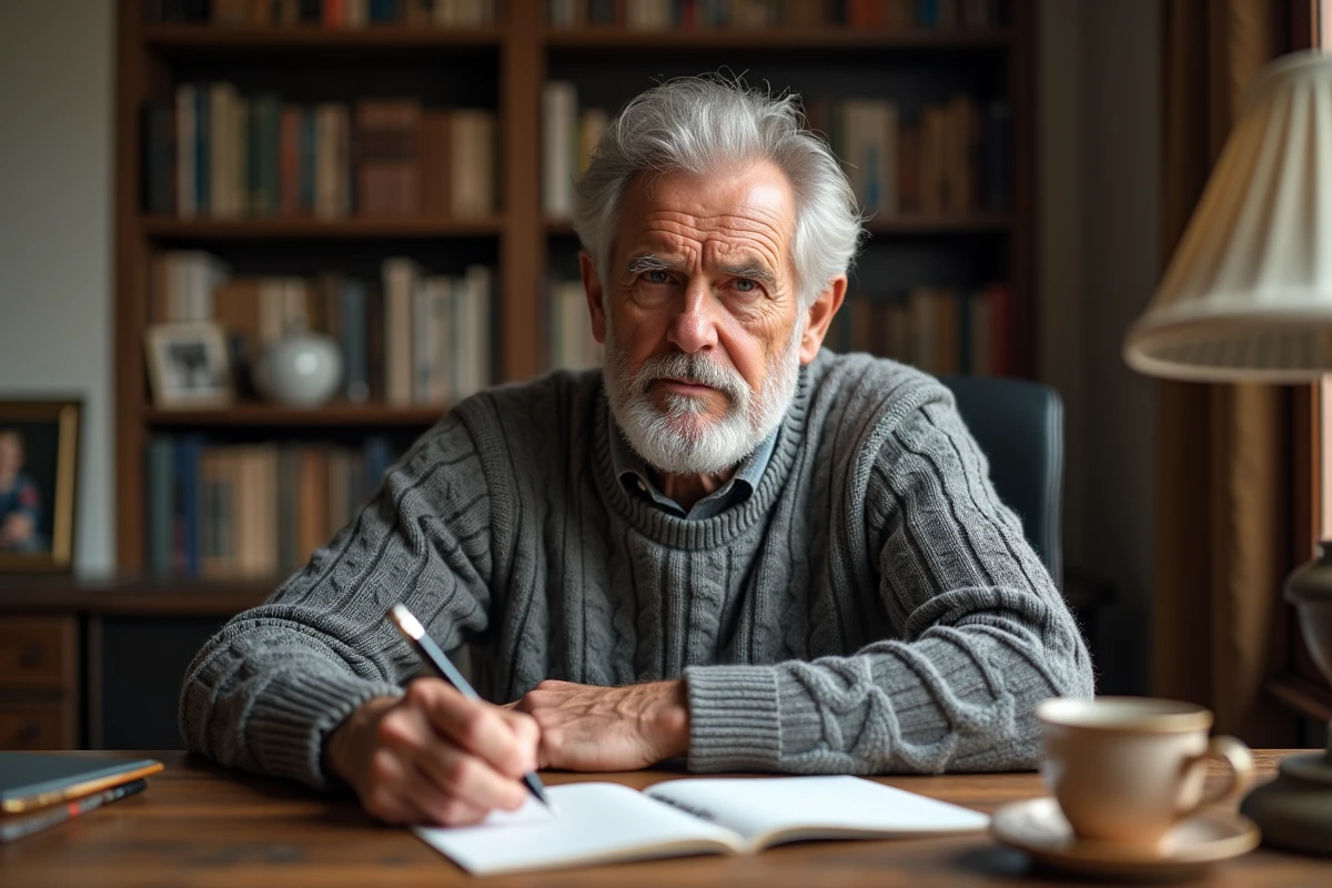 Homme âgé d'environ 70 ans écrivant un message d'anniversaire positif et humoristique sur une carte dans un bureau chaleureux