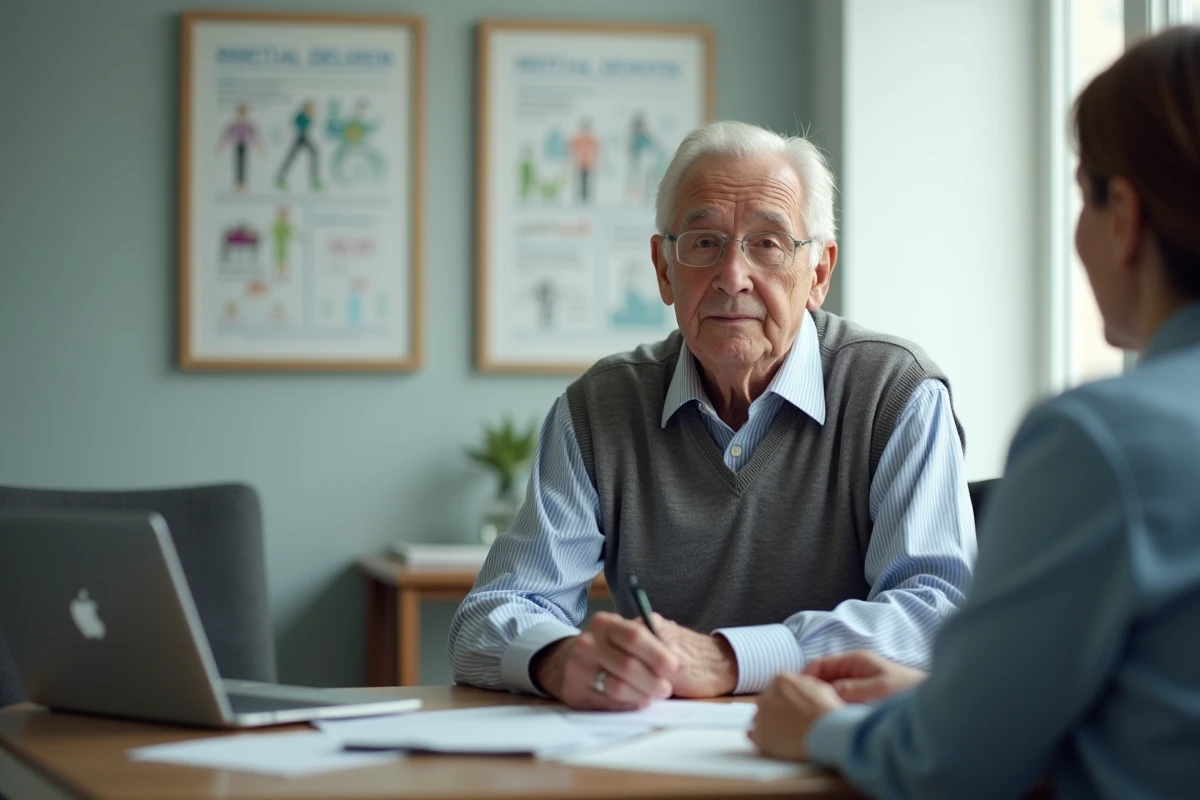 Homme âgé en consultation médicale réalisant une évaluation