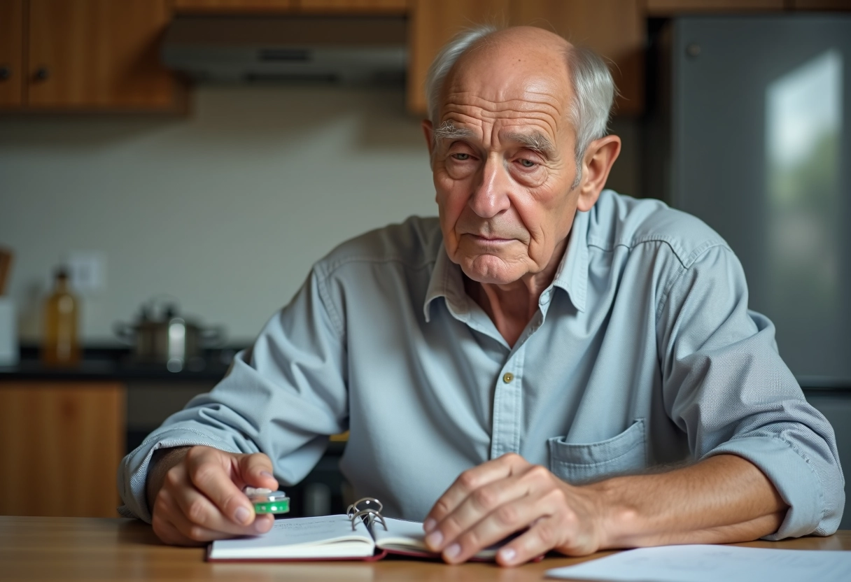 Homme age consulte son carnet et organise ses medicaments