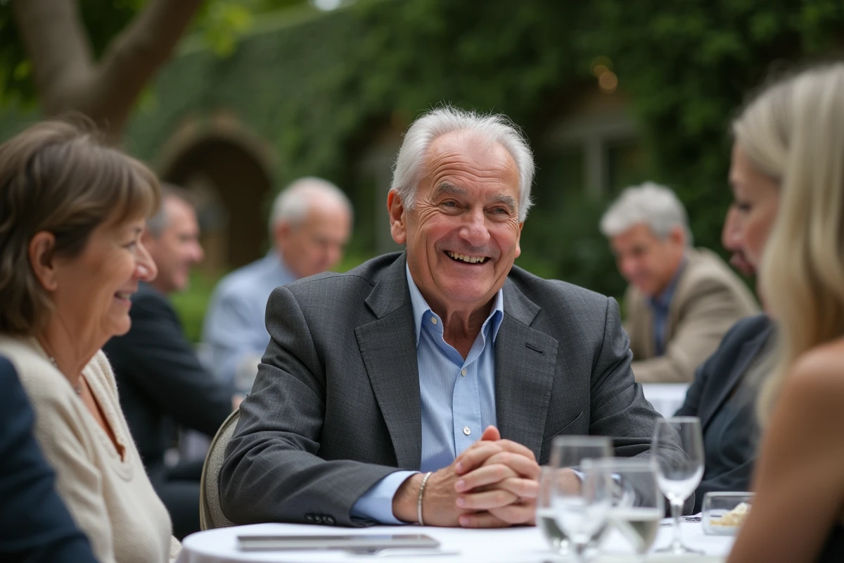 Homme ému écoutant un discours hommage lors de son pot de départ en retraite en terrasse extérieure
