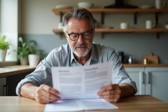 Homme français étudiant une notice fiscale dans la cuisine
