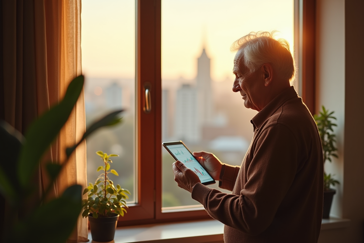 Homme retraité regardant un graphique financier sur tablette
