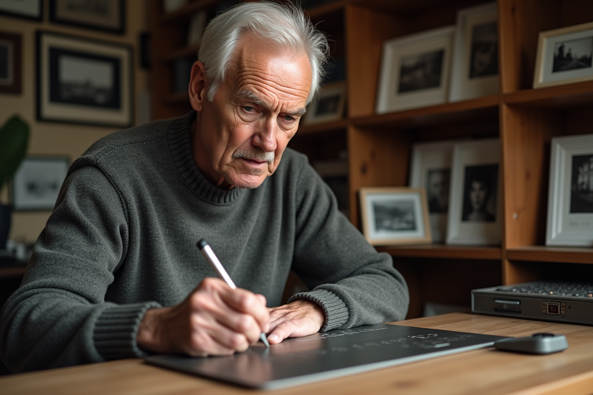 Homme âgé gravant une plaque dans un intérieur chaleureux
