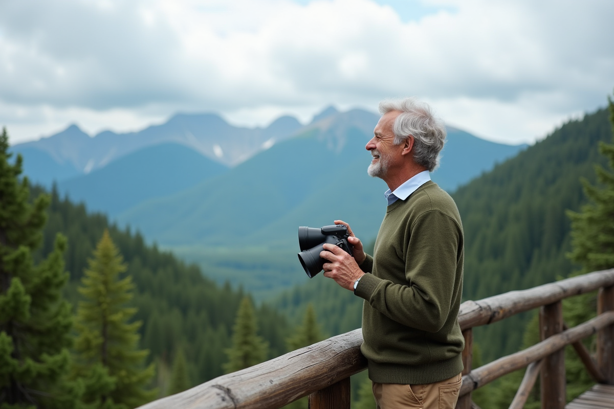 Homme de 60 ans regardant la montagne avec des jumelles