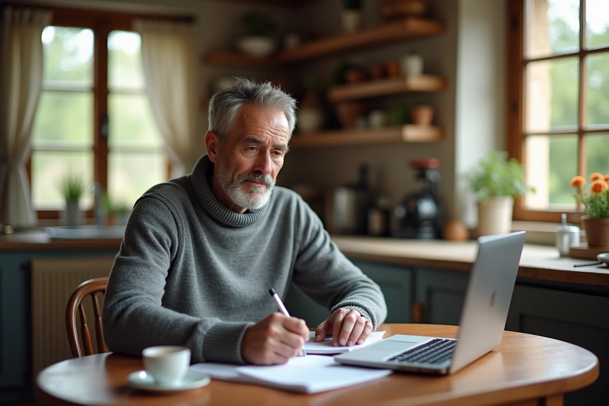 Homme de 54 ans en reconversion professionnelle travaillant depuis chez lui dans une maison de campagne, illustration du changement de vie à 50 ans