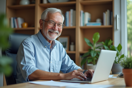 Homme retraité souriant travaillant sur son ordinateur dans un bureau