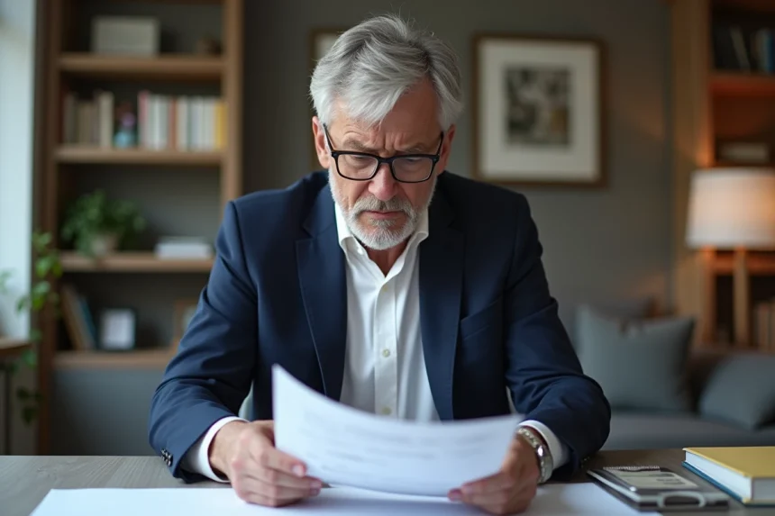 Homme d'âge moyen anxieux vérifiant ses papiers de pension