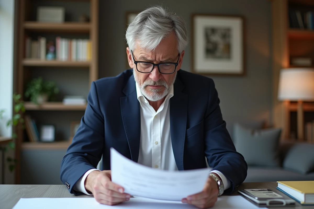 Homme d'âge moyen anxieux vérifiant ses papiers de pension