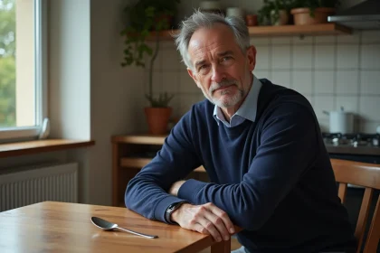 Homme d'âge moyen dans une cuisine française chaleureuse
