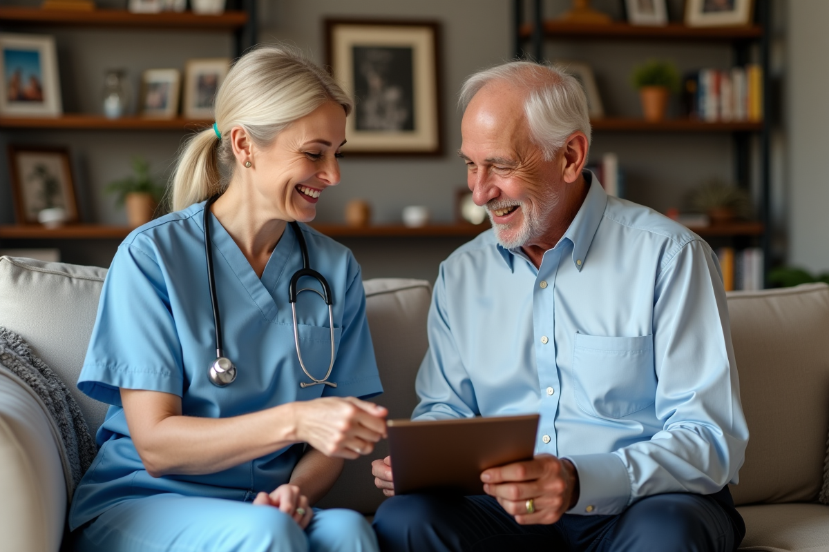 Homme senior souriant avec une aide dans un salon chaleureux